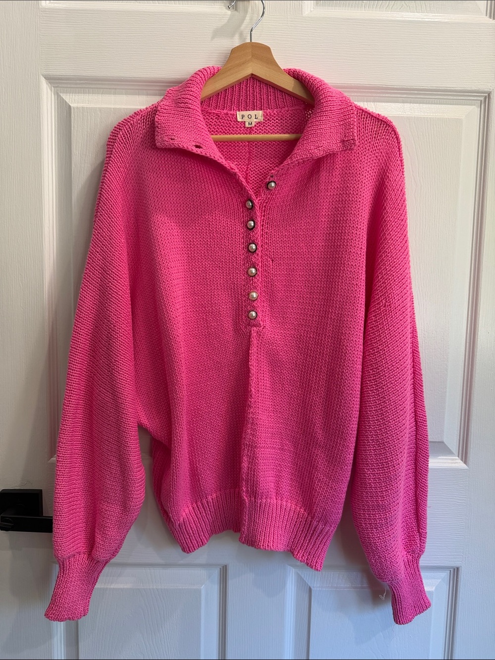 POL Bright Hot Pink Button-Placket Collared Knit Pullover